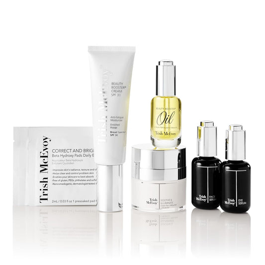 Trish Mcevoy the Beauty Booster Must Haves Travel Collection, 6-Piece Set - Correct & Brighten Beta Hydroxy Pads, Face Serum, Eye Serum, Oil, Soothe & Illuminate Moisturizing Cream, Cream SPF 30