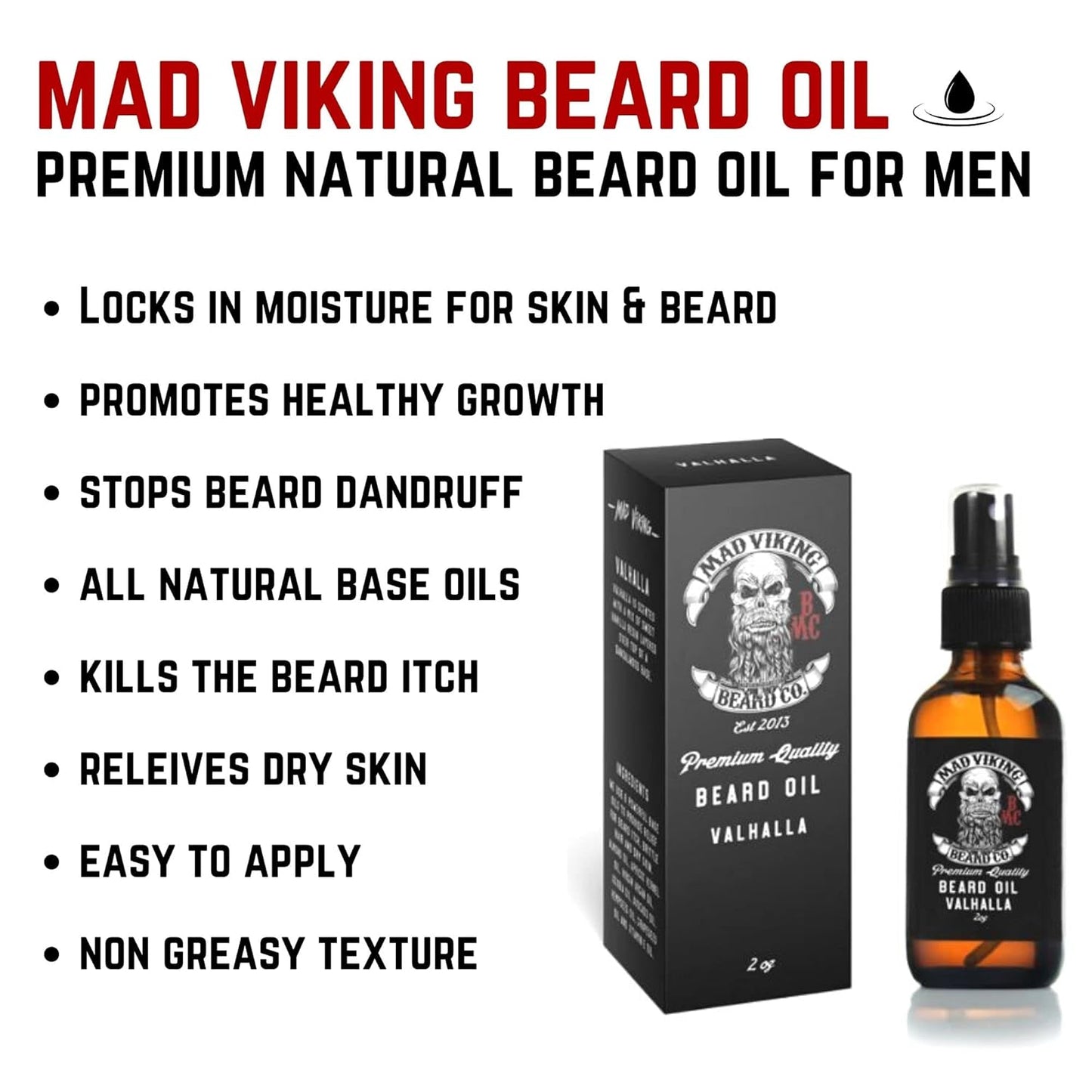 Mad Viking Beard Co. - Premium Beard Oil for All Lengths, All-Natural, Moisturizes Skin, Reduces Beard Itch, Helps Relieve Acne. for a Thicker Fuller Looking Beard. Made in the USA - 2Oz (VALHALLA)