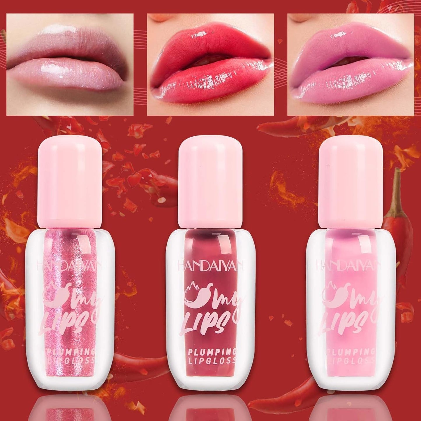 3 Colors Lip Plumper Gloss with Chili Extract-Lasting Plump Lips Hydrate & Volumize-High Shine, Clear Pink Liquid Lipstick Plumping Tint, Smooth Lip Wrinkles, Instantly Fuller Women Girls Makeup